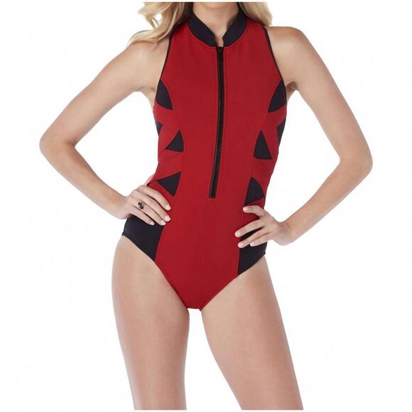 NEW MAGICSUIT scuba blake zip front high neck one piece swimsuit in red